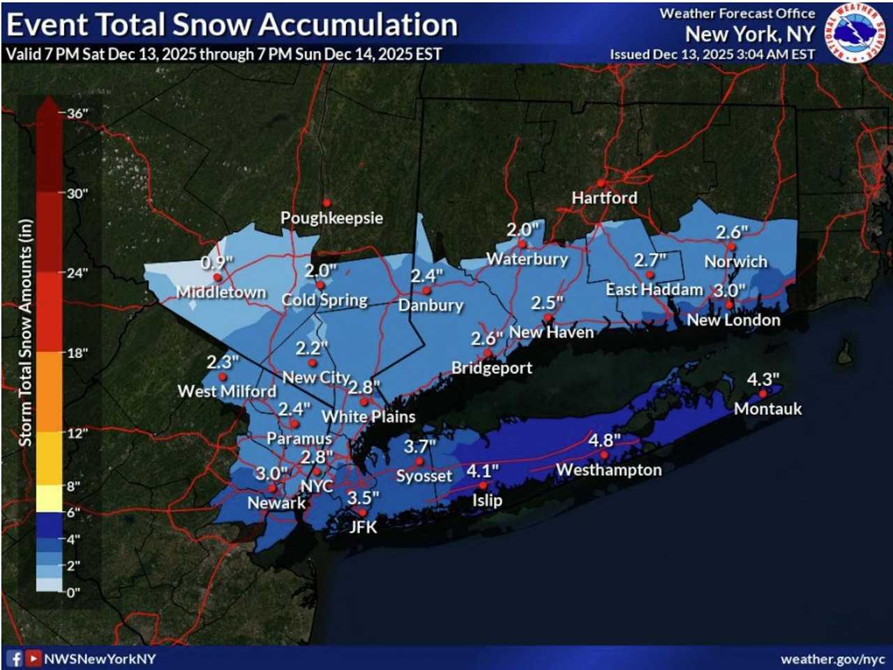 The latest snowfall projections released Saturday morning, Dec. 13, by the&nbsp;National Weather Service.