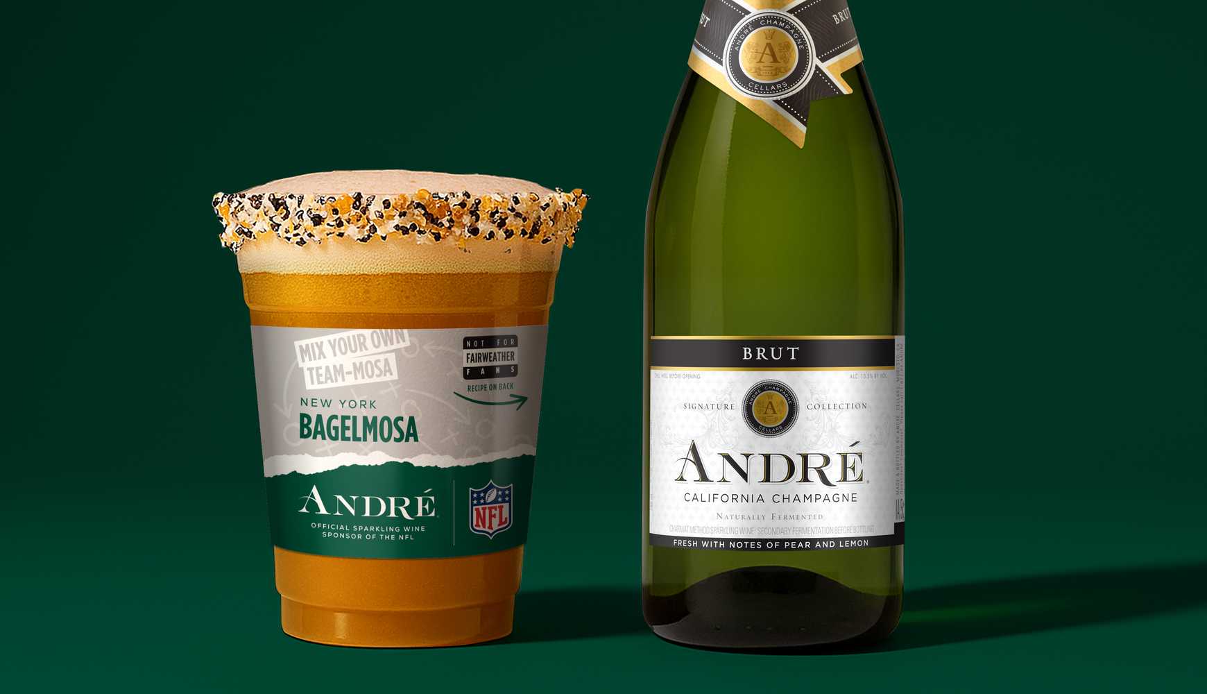 
A New York Jets-themed mimosa recipe from André California Champagne called the "BagelMosa."
  

