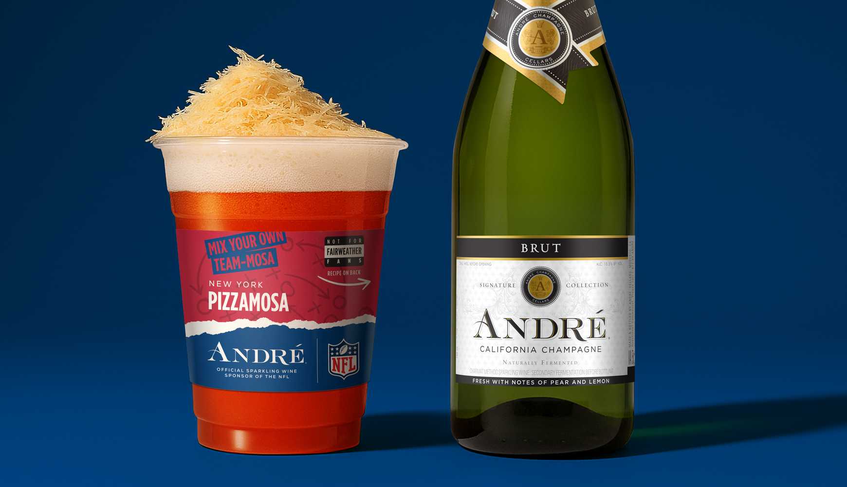 
A New York Giants-themed mimosa recipe from André California Champagne called the "PizzaMosa."
  

