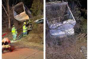 Box Truck Overturns Into Woods Trapping Victim Along Route 287 (PHOTOS)