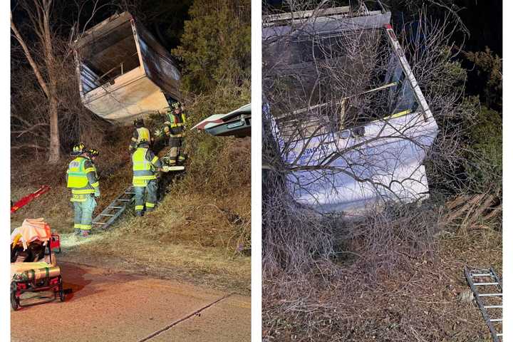 Box Truck Overturns Into Woods Trapping Victim Along Route 287 (PHOTOS)