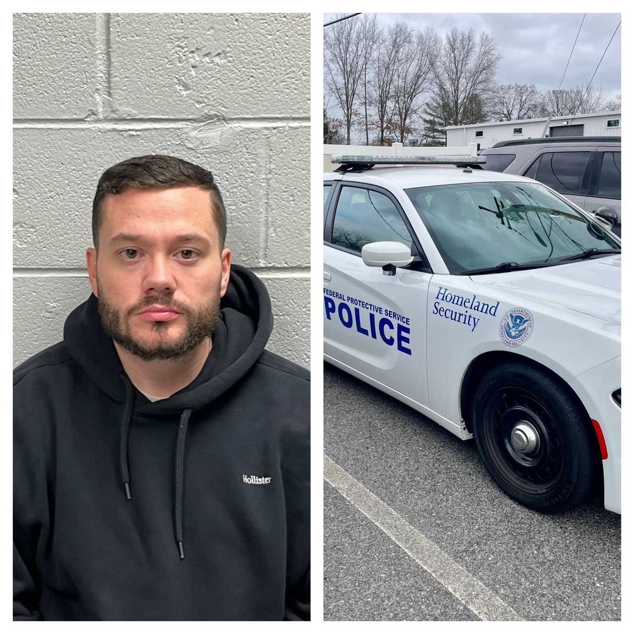 Nicholas Cabral drove his wife's Homeland Security car, pretending to be an officer. Nicholas Cabral drove his wife's Homeland Security car, pretending to be an officer.