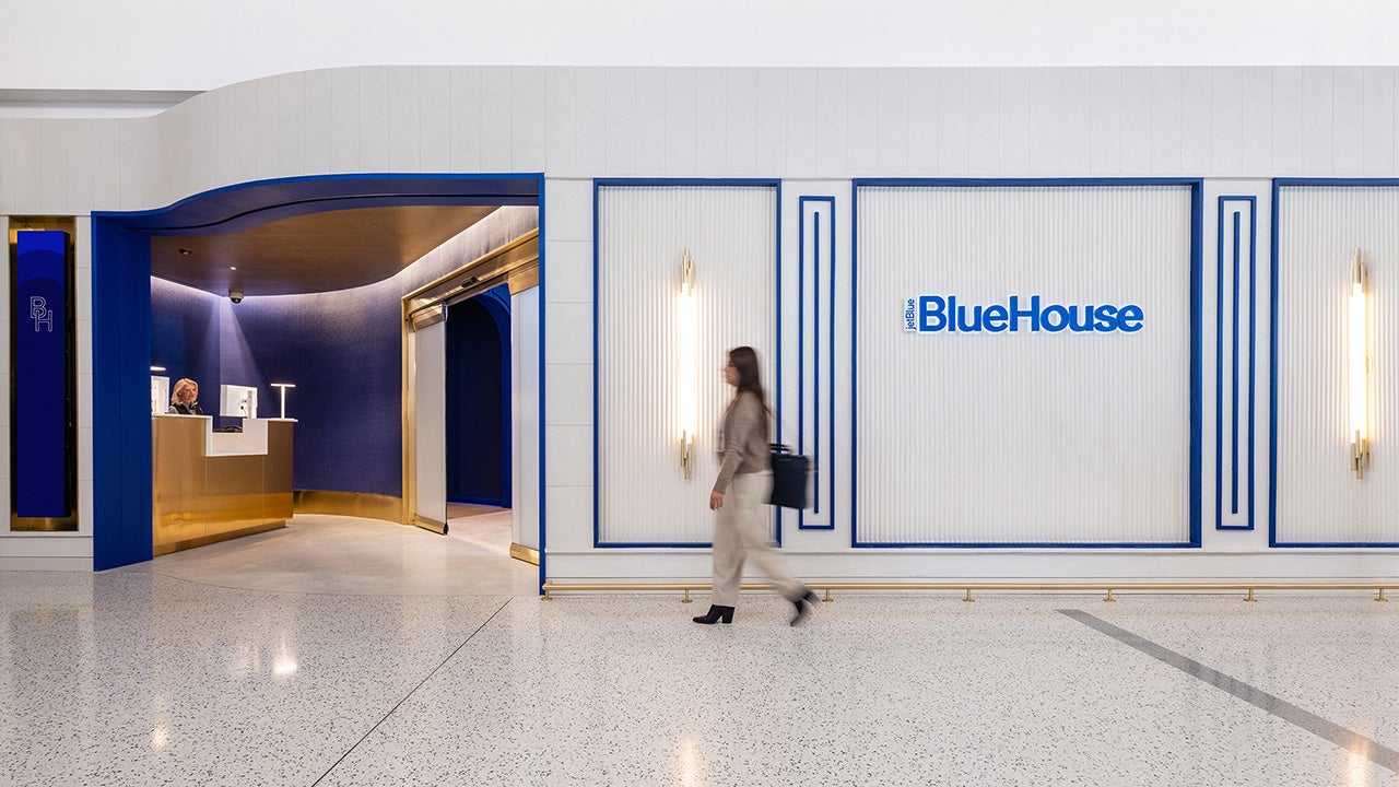 The entrance to JetBlue's new lounge called BlueHouse at JFK International Airport in New York City.