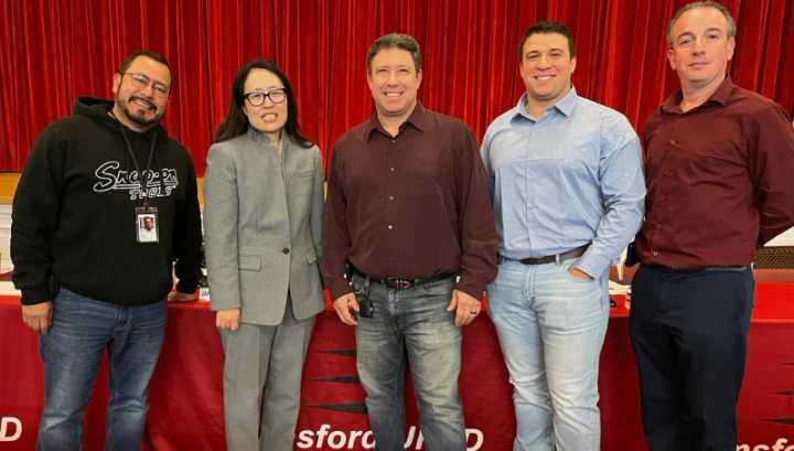 Elmsford's new superintendent, Susan Yom (second from left), pictured with district officials. 