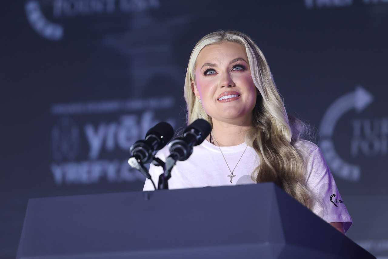 Turning Point USA CEO Erika Kirk speaking at the University of Mississippi on October 29, 2025.