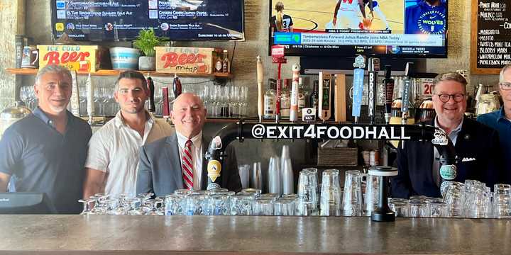 Assemblymember Chris Burdick and New York State Sen. Peter Harckham pictured with Exit 4 Food Hall co-owner&nbsp;Isi Albanese,&nbsp;Albanese's son and co-manager John Albanese, and co-owner Jeff Friedlaender with his son and co-manager, Greg Friedlaender.&nbsp;