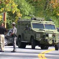 <p>An armored vehicle was on the scene with state police and the FBI.</p>