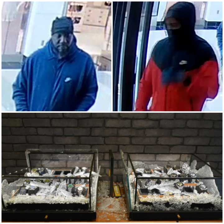 Two men police say performed a smash-and-grab robbery at the Breitling Watch store at King of Prussia Mall on Thursday, Oct. 10, 2024 (top). The smashed glass cases that contained almost $100,000 in watches (bottom).&nbsp;