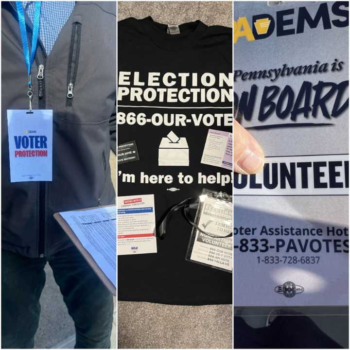 Three examples of clothing and badges worn by alleged Democrat activists using intimidation to suppress voters in Philadelphia.