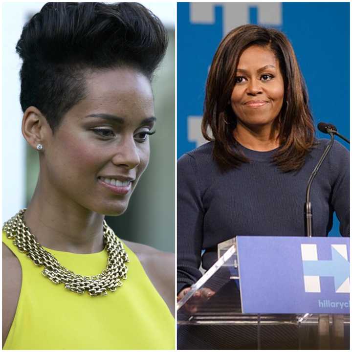 Alicia Keys at the Aria Awards 2013 in Sydney, Australia (at left). Michelle Obama&nbsp;speaking at a Hillary Clinton campaign rally at Southern New Hampshire University, October 13, 2016.