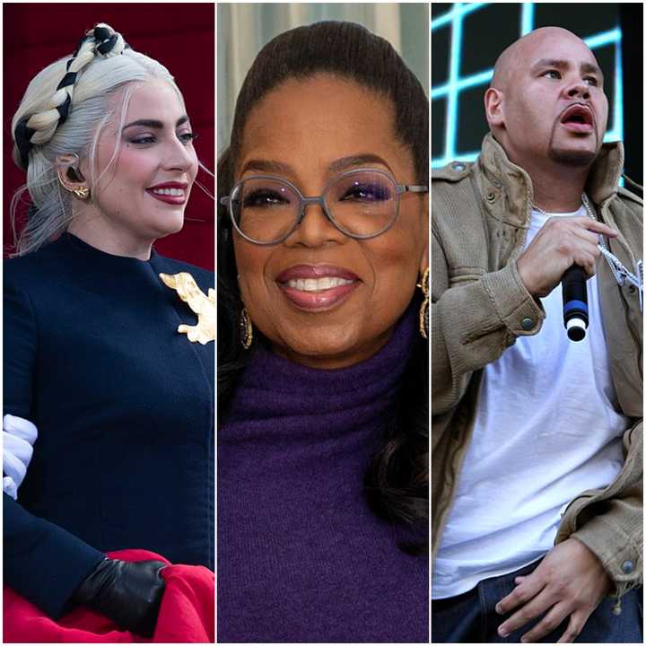 Lady Gaga at President Joe Biden's inauguration on Wednesday, Jan. 20, 2021 (left). Oprah Winfrey at an event at the Maryland State House on Wednesday, Jan. 18, 2023 (center). Fat Joe&nbsp;performing at Supafest in Australia in April 2011 (right).