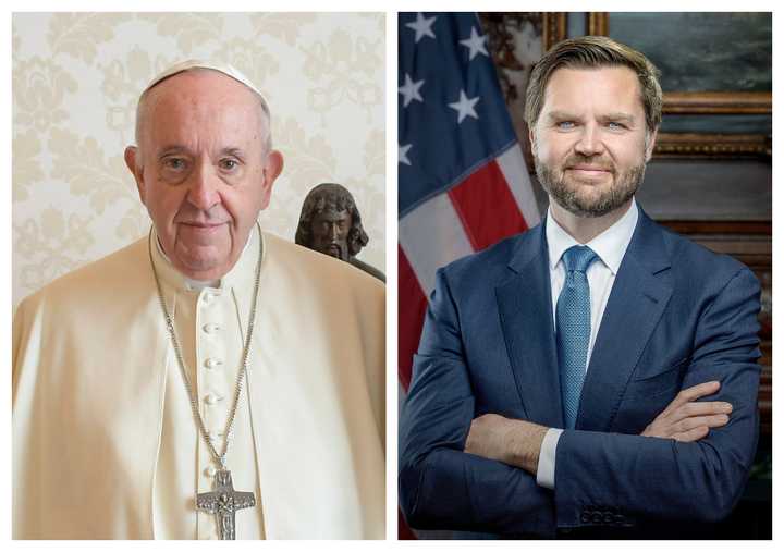 Pope Francis in 2021 and Vice President JD Vance