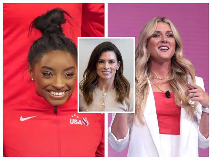 Olympic gymnast Simone Biles, (inset) former NASCAR driver Danica Patrick, and former University of Kentucky swimmer Riley Gaines