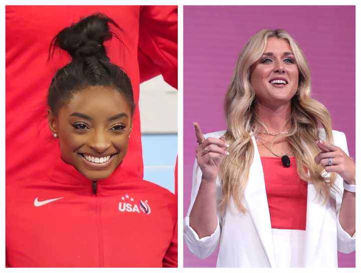 Olympic gymnast Simone Biles, left, called Riley Gaines a “sore loser” after the former NCAA swimmer criticized a transgender athlete’s participation in a high school softball championship.