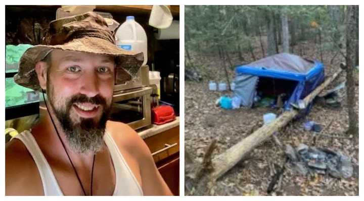 Steven Labrecque and the camp where US Marshals found him in Woodstock.&nbsp;