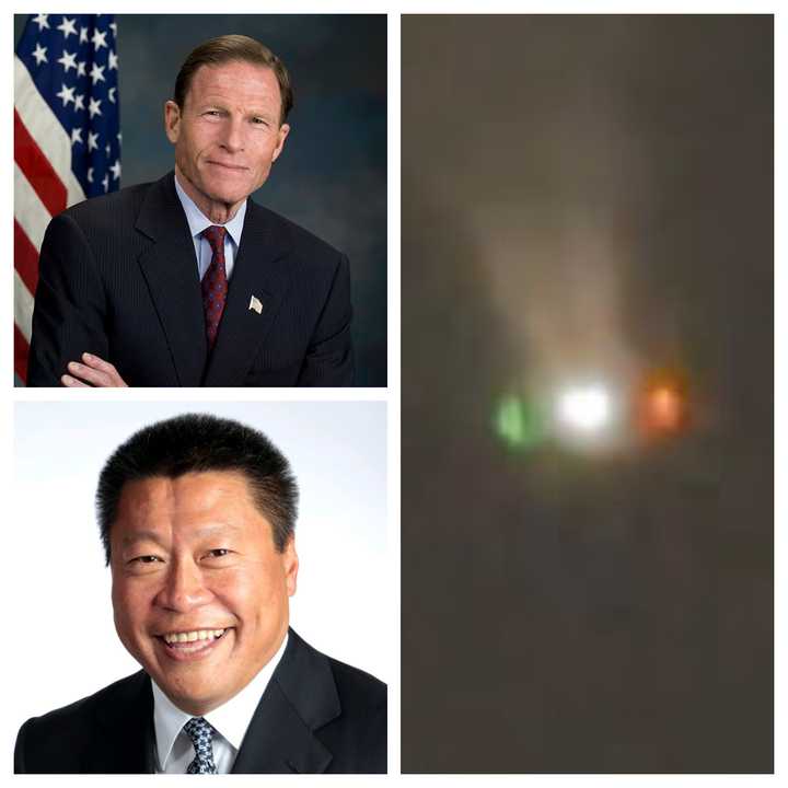 US Sen. Richard Blumenthal (top right), State Sen. Tony Hwang, and one of the unknown objects spotted flying over New Jersey, New York, and Connecticut.&nbsp;