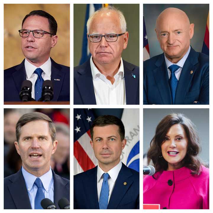 (Top left, clockwise) Pennsylvania Gov. Josh Shapiro, Minnesota Gov. Tim Walz, Arizona Sen. Mark Kelly, Kentucky Gov. Andy Beshear, Transportation Secretary Pete Buttigieg, Michigan Gov. Gretchen Whitmer
  
