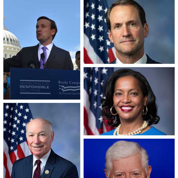 (From top left, clockwise) Sen. Chris Murphy and Reps. Jim Himes, Jahana Hayes, John Larson, and Joe Courtney — all Democrats — received bomb threats at their homes on Thanksgiving, police said. 