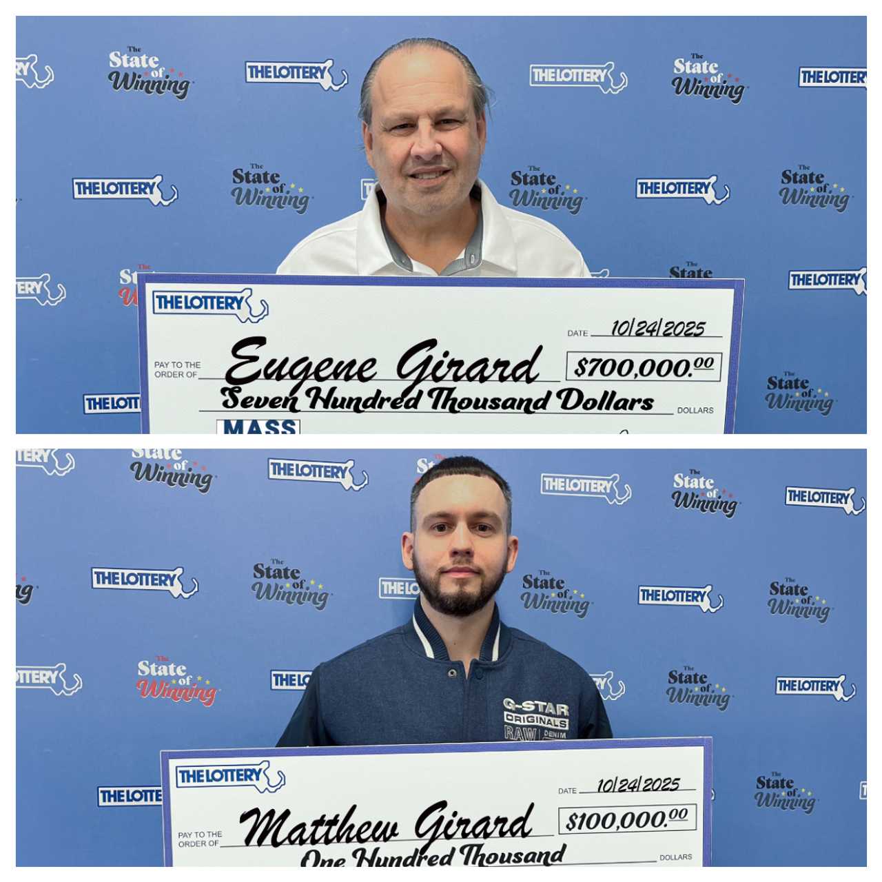 Eugene Girard, of Norwood, and his son Matthew, pose with their winning checks Eugene Girard, of Norwood, and his son Matthew, pose with their winning checks