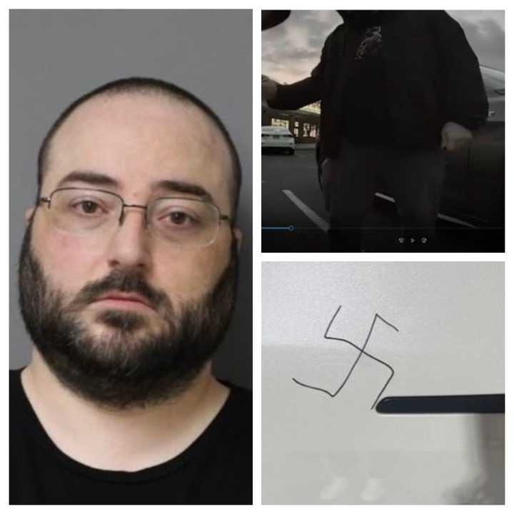 Steven Lowell Weinberger. Police say video taken from a Tesla sedan shows him drawing a swastika on the vehicle. 