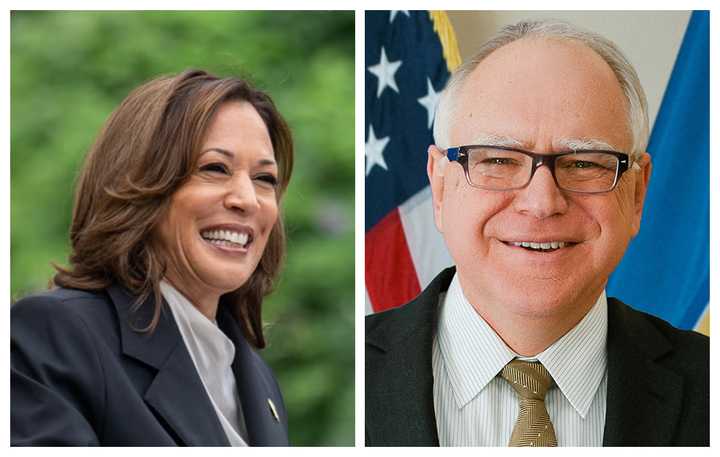 Vice President Kamala Harris and her newly announced running mate, Minnesota Gov. Tim Walz