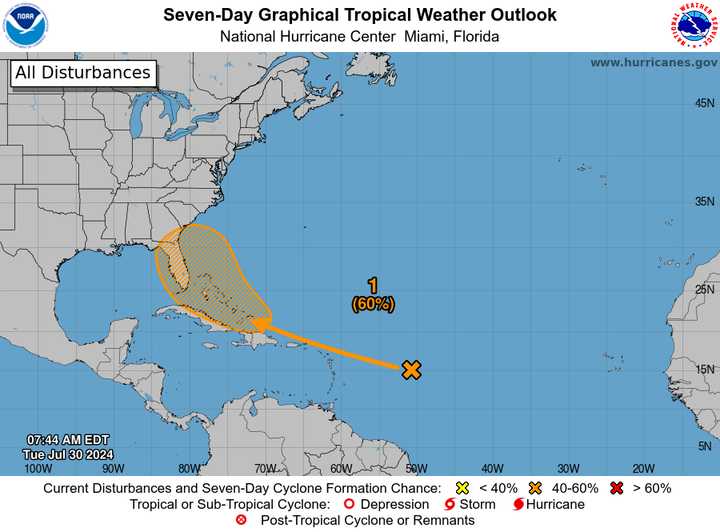 A tropical depression could form late this week while the system is near the Greater Antilles or the Bahamas. 
  
