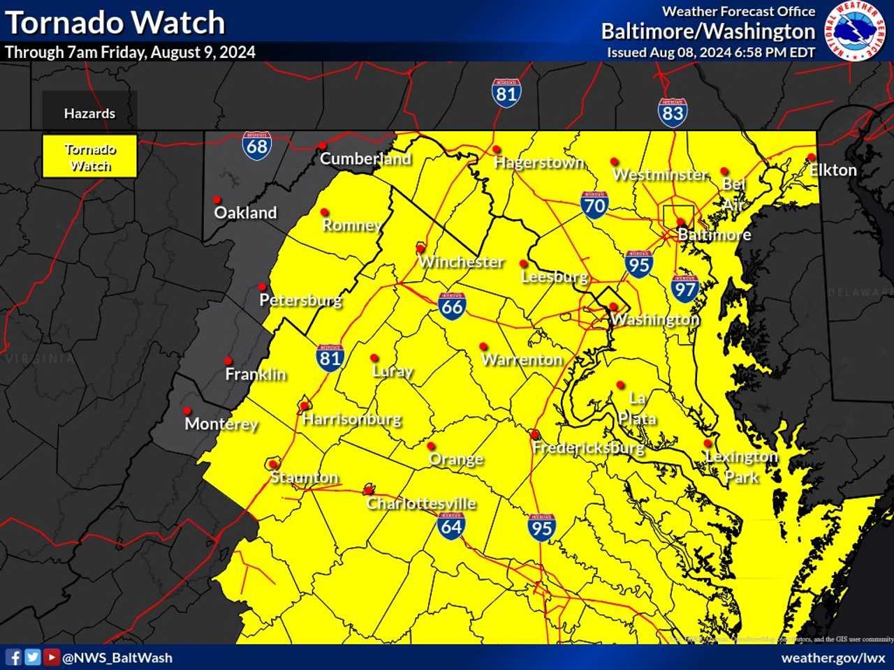 Tornado Watch Issued In Parts Of DC, Maryland, Virginia Towson Daily