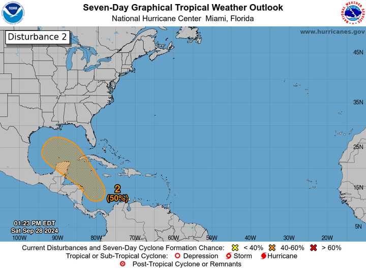 A look at the system in the Western Caribbean which could become a tropical depression around the middle part of the week, the National Hurricane Center said.
  
