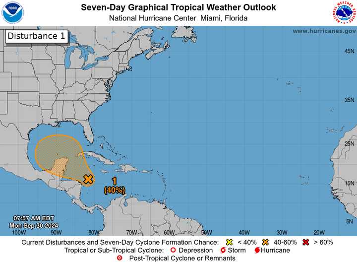 A look at the system (marked with an X) in the western Caribbean that could become a tropical storm.