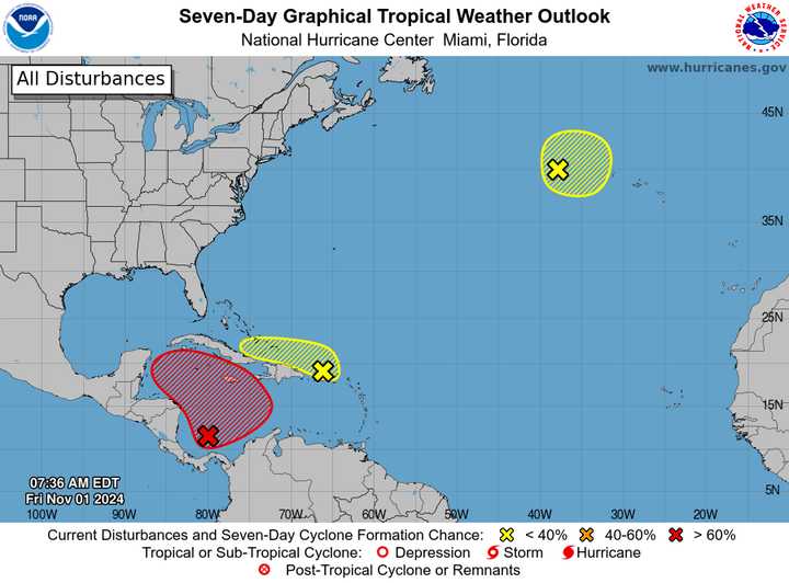 An area in the southwest Caribbean (marked in red) has a high chance of development, according to the National Hurricane Center, rating the chance at 70 percent.
  
