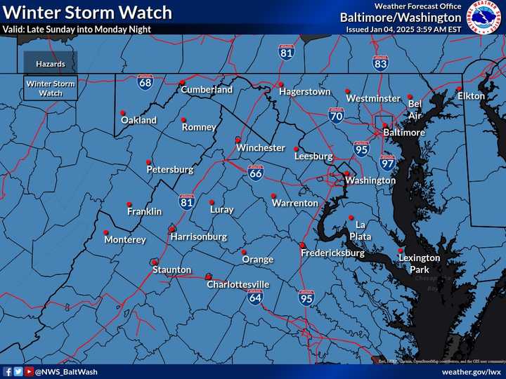 The Winter Storm Watch will be in effect through Monday.