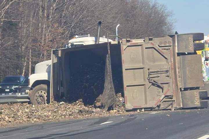 Truck Hauling Dirt Overturns On I-95 In Virginia