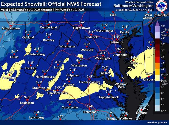 The projected snow totals in the area.