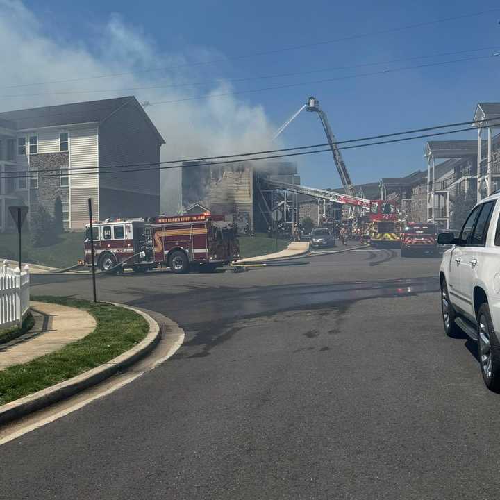 The scene of the two-alarm fire in Laurel.