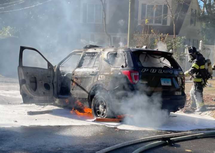 A Greenwich police SUV was burned through on Wednesday, Nov. 13.&nbsp;