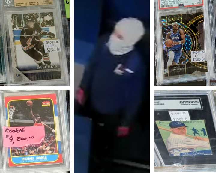 The suspected burglar, and some of the stolen cards at Morning Sun Marketplace.