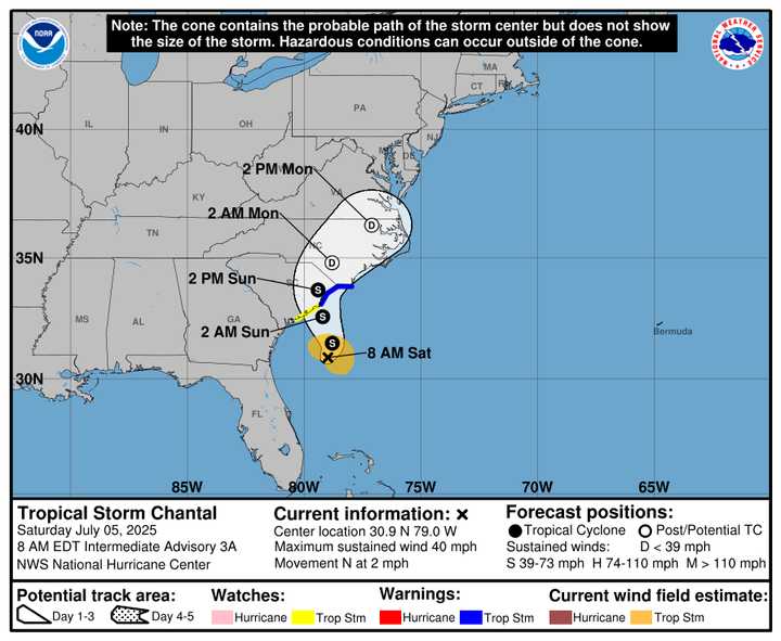 Chantal formed off the southeast coast just after 8 a.m. Saturday, July 5, the National Hurricane Center said.&nbsp;
  
