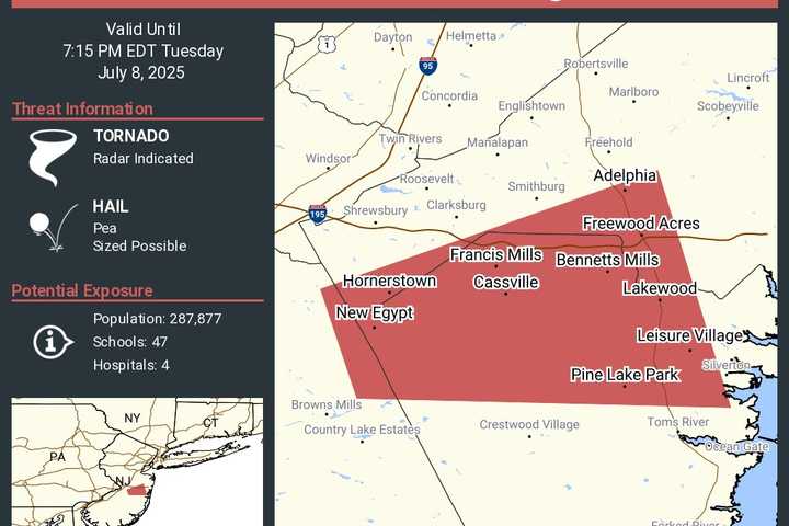 Tornado Warning Issued For Ocean County: Lakewood, Leisure Village, Pine Lake Park In Path