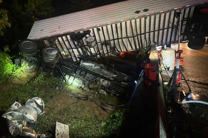 Tractor-Trailer Teeters Off Beltway Bridge In Early Morning Crash In Maryland (PHOTOS)
