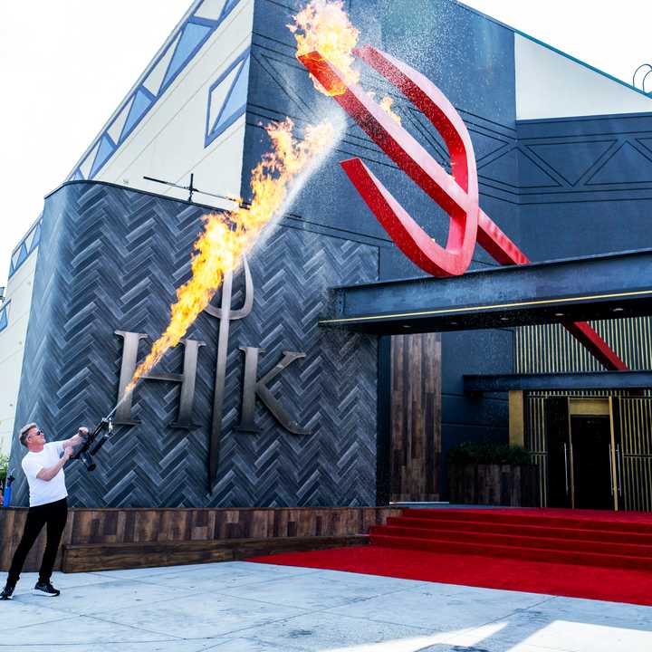 Chef Gordon Ramsay takes a flamethrower to christen his new kitchen studio at Foxwoods Resort Casino in Mashantucket. The new season of his series "Hell's Kitchen" was filmed there. 