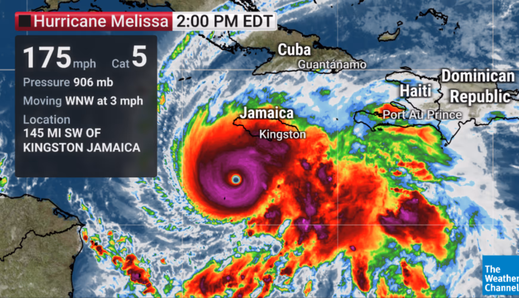Melissa's winds hit 175 mph on Monday afternoon, Oct. 27.
 
Melissa's winds hit 175 mph on Monday afternoon, Oct. 27.