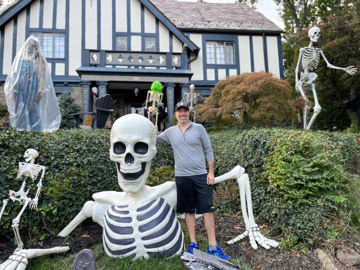 Peter Maltin and his massive Costco skeleton.