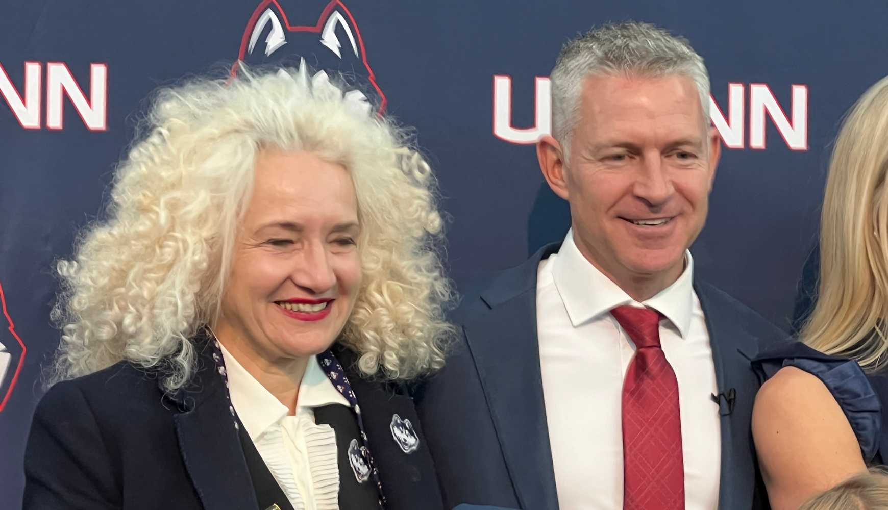 
UConn president Dr. Radenka Maric and head football coach Jason Candle at Candle's introductory news conference on December 8, 2025.
  


