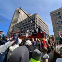<p>The UConn men's basketball team during a national championship parade in Hartford, CT, on April 8, 2023.
  
</p>