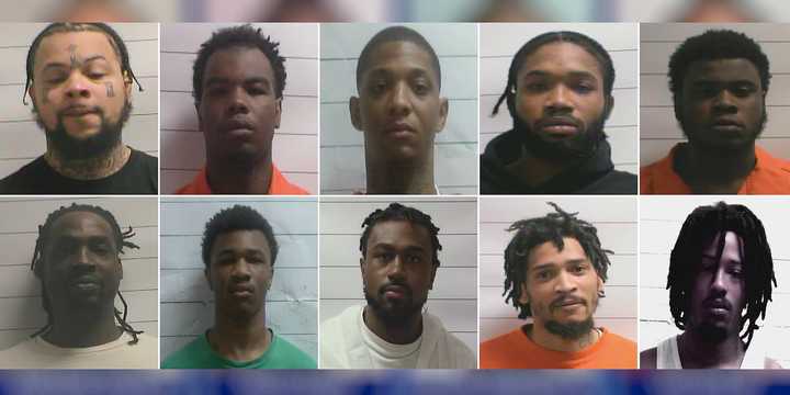 L-R: Antoine Massey, Corey Boyd, Derrick Groves, Dkenan Dennis, Gary Price, bottom row L-R:Jermaine Donald, Kendall Myles, Lenton Vanburen Jr., Leo Tate Sr., Robert Moody who escaped from the Orleans Justice Center, May 16, 2025 in New Orleans.
  

