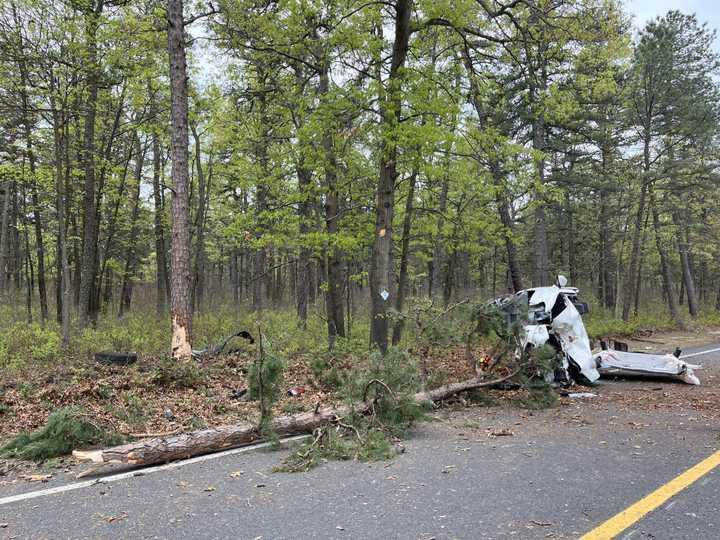 A pickup crashed into several trees on Horicon Avenue in Manchester Township, NJ, on Tuesday, May 14, 2024.