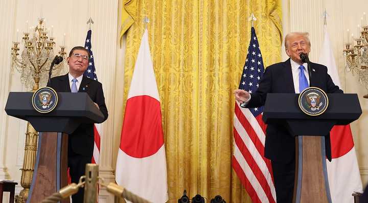 Japanese Prime Minister Ishiba Shigeru and US President Donald Trump during a joint news conference at the White House on February 7, 2025.