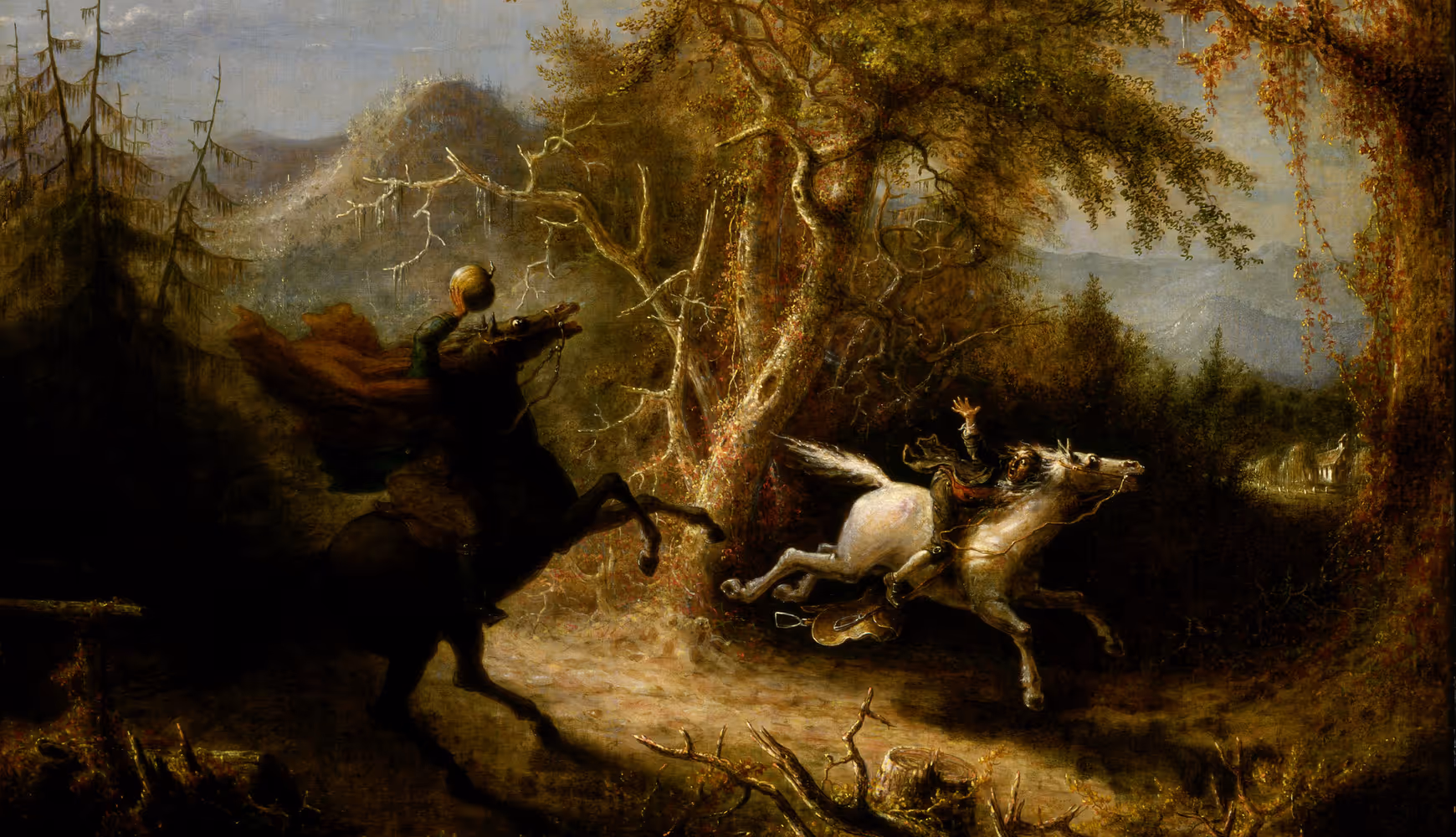 An 1858 painting by John Quidor titled "The Headless Horseman Pursuing Ichabod Crane."
 
An 1858 painting by John Quidor titled "The Headless Horseman Pursuing Ichabod Crane."