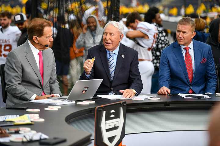 Nick Saban, Lee Corso, and Kirk Herbstreit on the set of ESPN's College GameDay before the Texas at Michigan football game on September 7, 2024.