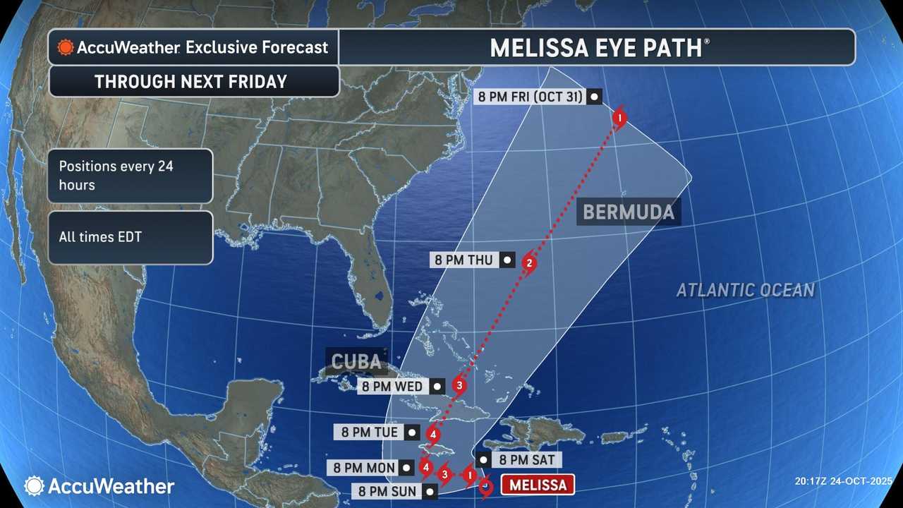 A look at Melissa's predicted path through Friday, Oct. 31.
  
 A look at Melissa's predicted path through Friday, Oct. 31.